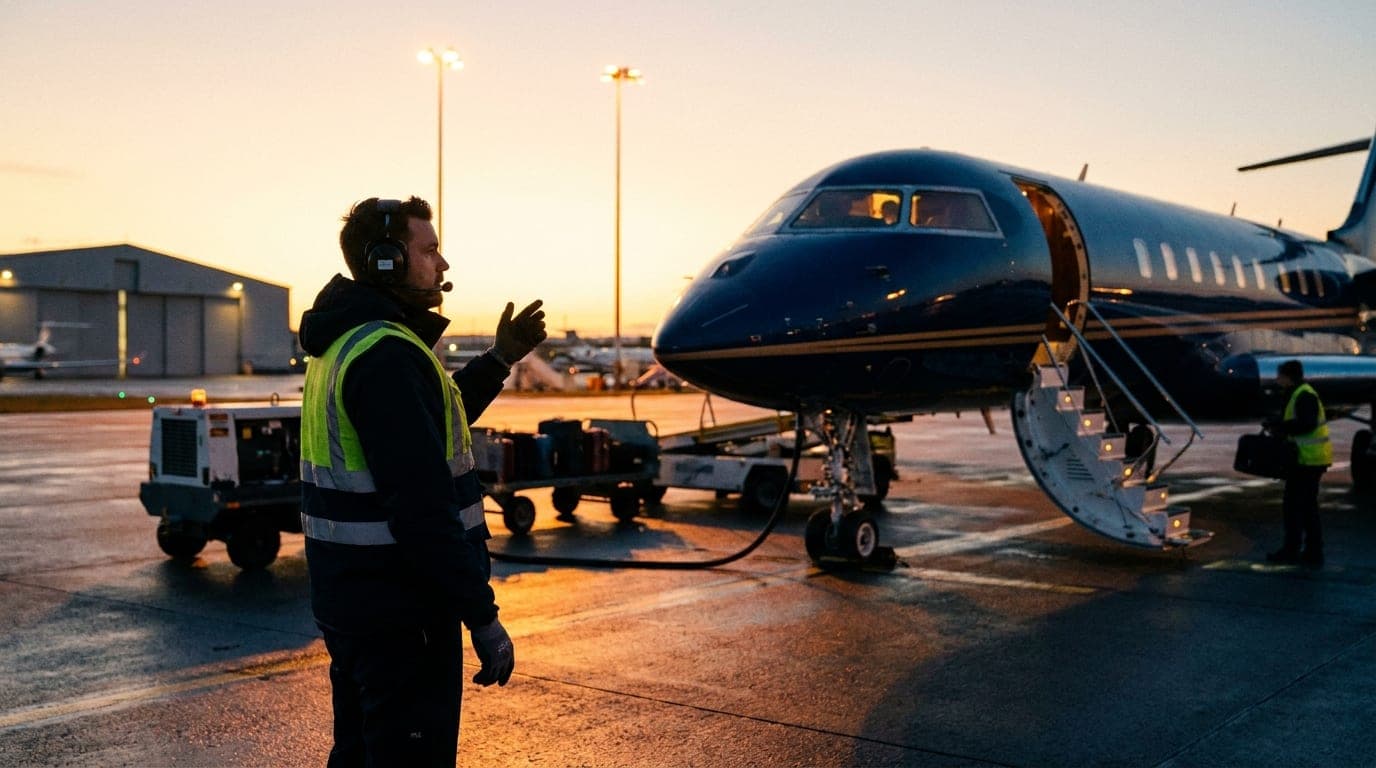 Ground handling supervisor directing a business jet turnaround